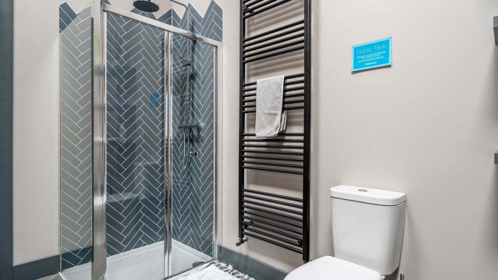 The bathroom features a glass shower, herringbone tile, and a heated towel rack that exudes luxury. A toilet sits discreetly aside while a plush Stabl Nantcoy rug enhances comfort near the shower.