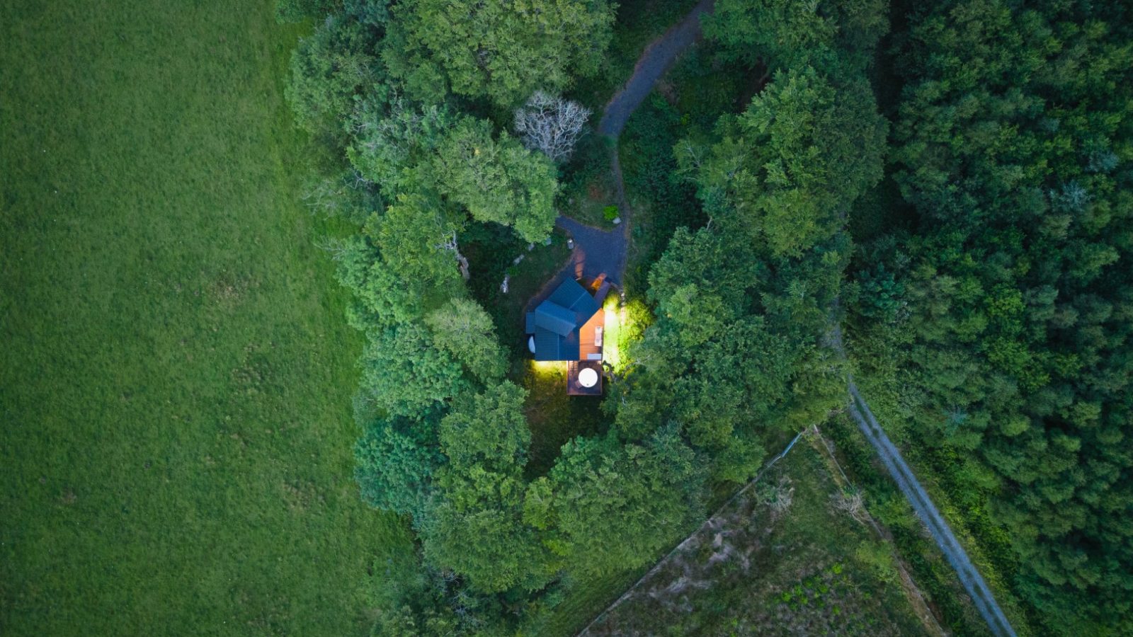 Aerial view of Cuckoos Hideaway, a small house nestled among dense green trees and a lush field, with a narrow path leading to the tranquil retreat.