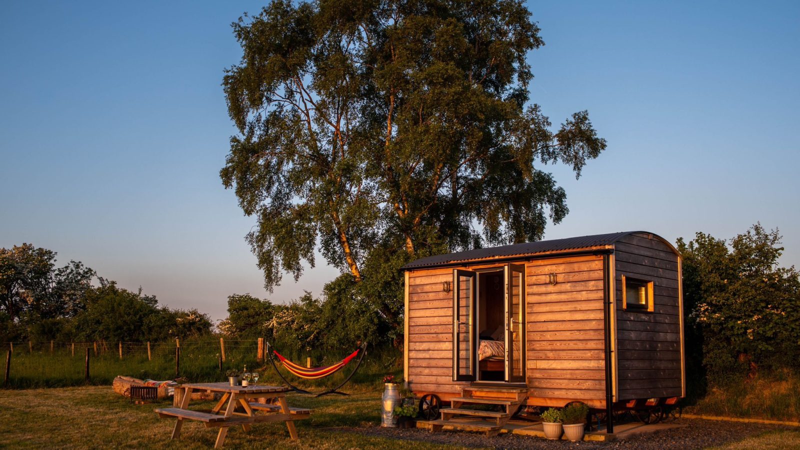 A charming Shepherds Hut offers cozy accommodation with a picnic table and hammock nestled in a grassy area near a large tree, all under a clear blue sky at Cae Main.