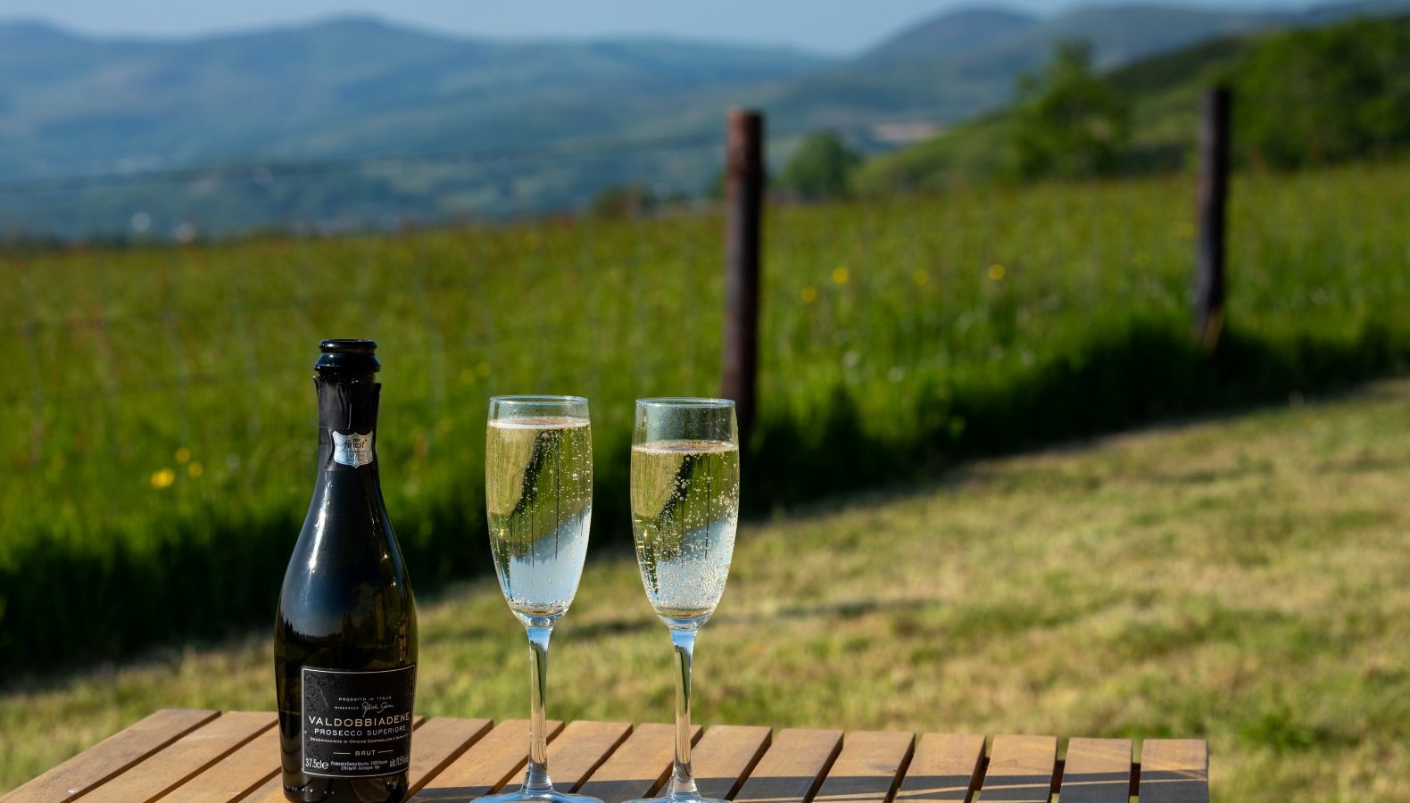 Bottle and flutes of sparkling wine on a wooden table near a Shepherds Hut in a field with rolling hills in the background.