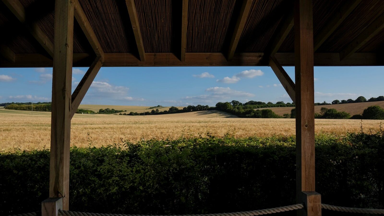 Experience the tranquil beauty of the Chilterns as you gaze upon a wheat field and rolling hills in the distance, perfectly framed by View Lodges' charming wooden structure with a roof and lush hedges in the foreground.