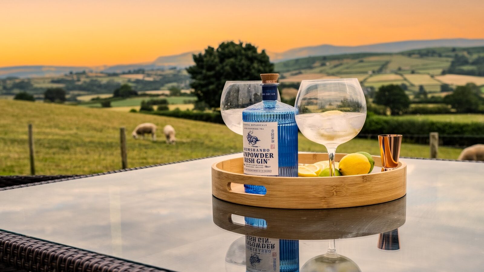 A bottle of gin, two glasses, and lemons rest on a tray at Lundy Lodges, offering a perfect toast to the pastoral landscape at sunset.