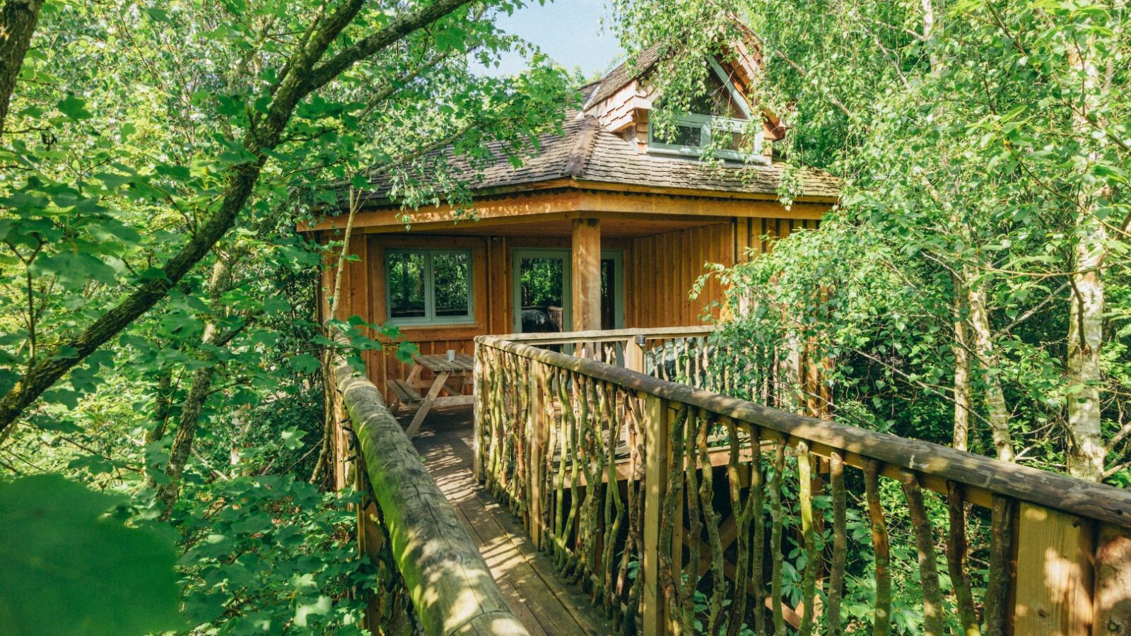 Nestled among lush greenery, the treehouse in West Lexham features a charming wooden path leading to its entrance.