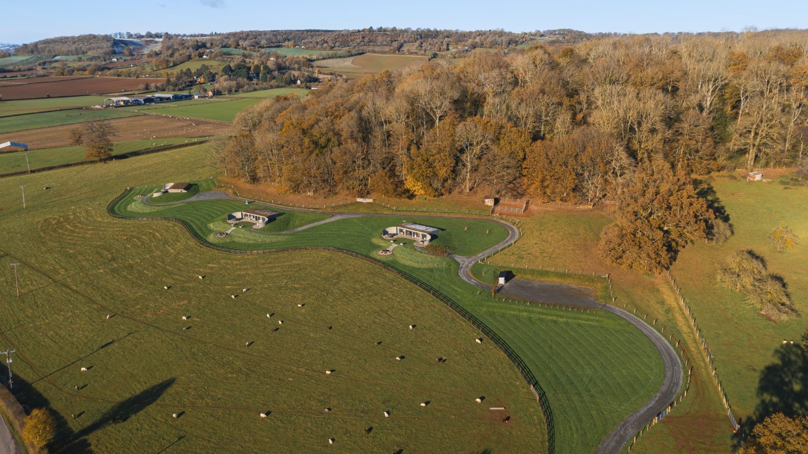 Aerial view of Pontypinna Hideaways: a rural landscape with green fields, trees, small buildings, and grazing sheep on a sunny day.