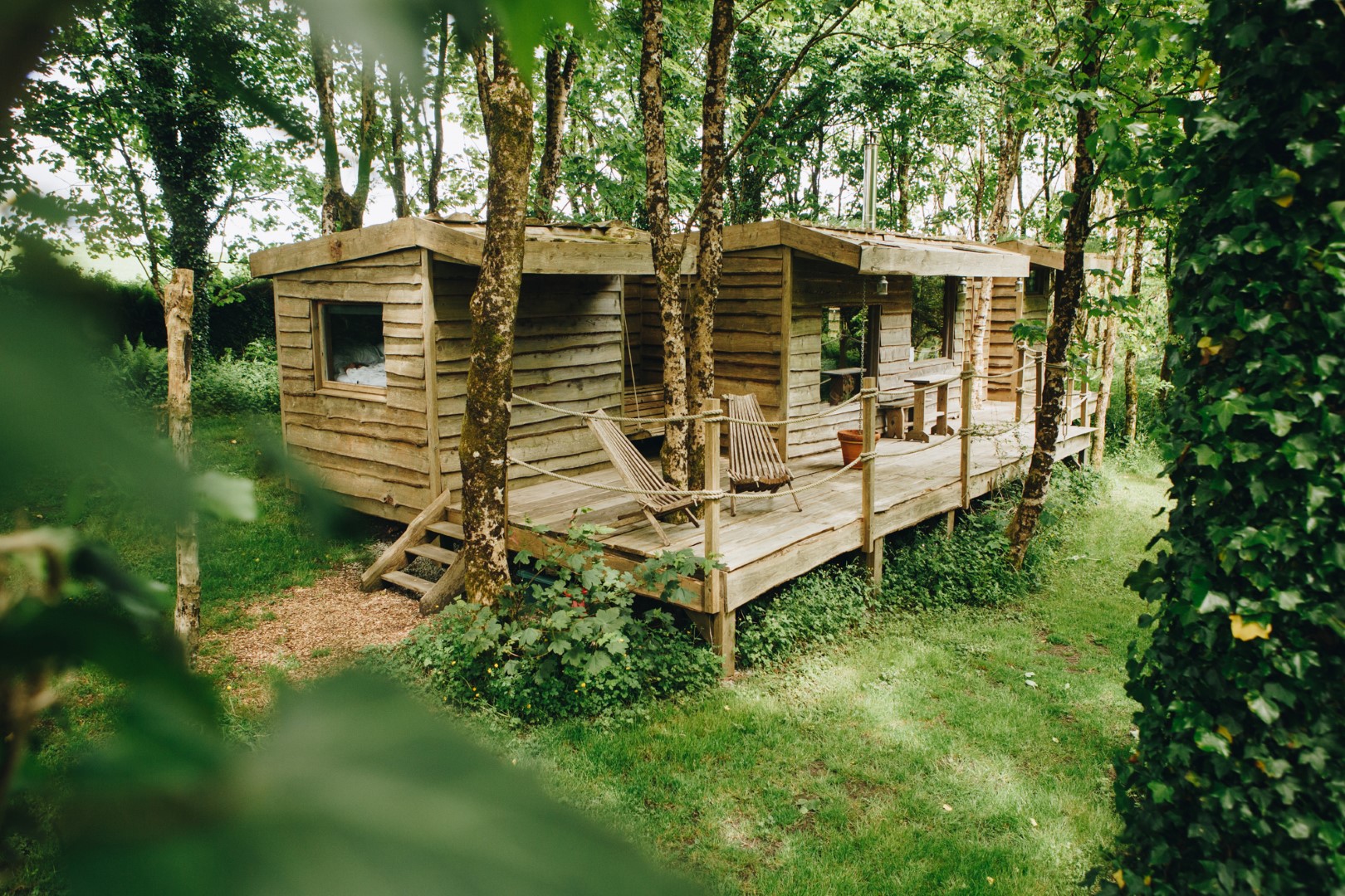 Nestled among green trees and grass, this charming wooden treehouse with a deck and chairs is one of the best places to stay in Cornwall with a dog. Just a stone's throw from the popular holiday cottages near Eden Project, it offers a serene escape perfect for nature lovers.