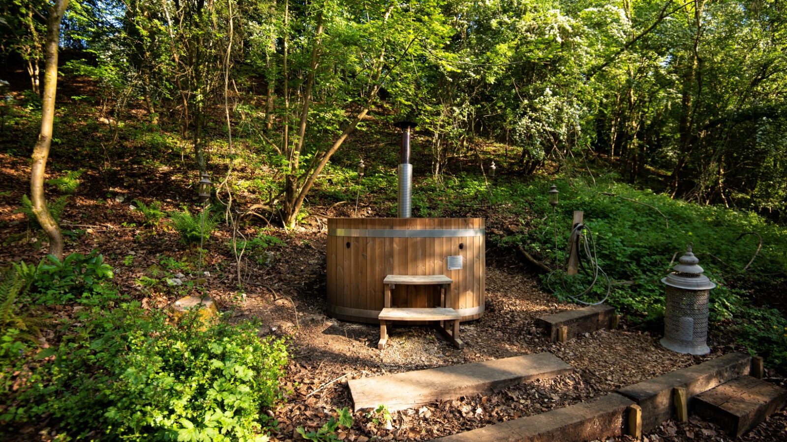 Nestled in an Arcadian forest clearing at Westley Farm, a wooden hot tub awaits, surrounded by towering trees. Steps lead up to this soothing retreat, with a lantern nearby casting a warm glow on the serene scene.