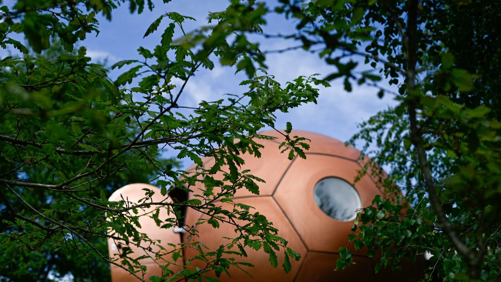 An orange spherical structure with circular windows peeks through lush green leaves, set against a blue sky backdrop, offering a perfect glamping experience.