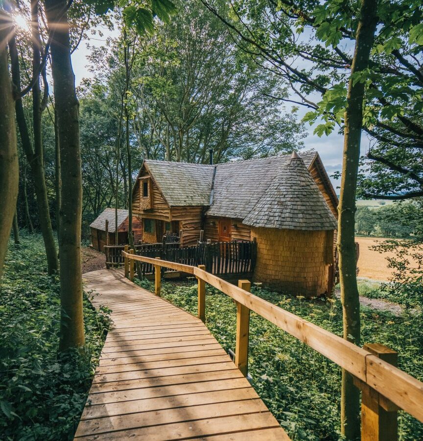 A charming wooden path leads to Rufus's Roost Treehouse at Baxby Manor, surrounded by trees with sunlight gently filtering through the foliage.