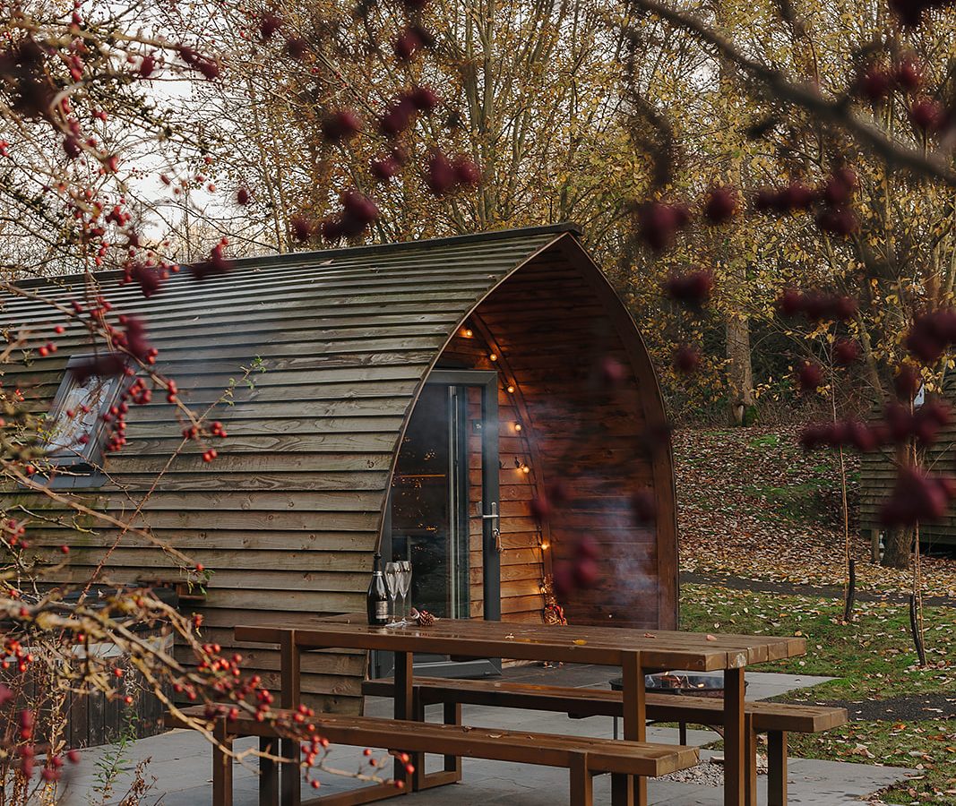 Hewn from local timber, the wooden cabin with large glass doors is nestled among autumn trees and berries. A rustic charm fills the scene in Yorkshire, where a sturdy wooden picnic table stands prominently in the foreground.