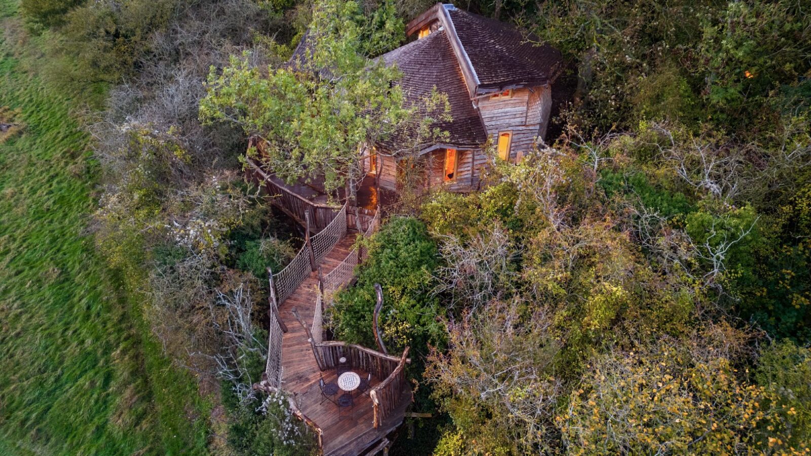 Aerial view of a wooden treehouse with a winding walkway nestled in the heart of One Acre Wood, surrounded by dense green foliage and towering trees.