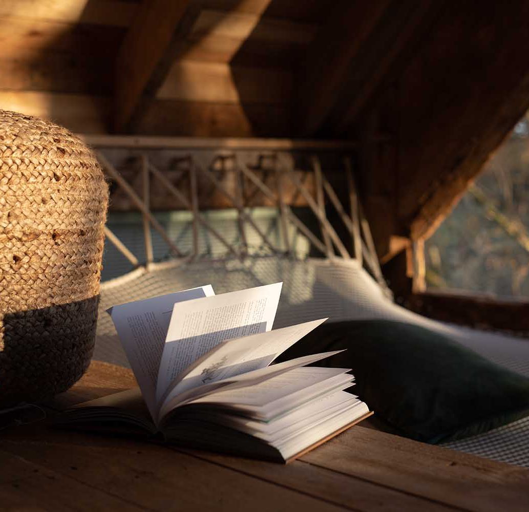 An open book lies on a wooden surface, basking in warm sunlight, inviting adventure. A woven ottoman casts a shadow nearby. Behind them is a cozy, triangular window with trees visible outside and a plush, dark green pillow resting on a netted hammock from ToWander.