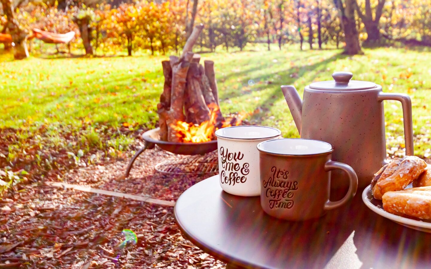 A cozy Devon autumn scene unfolds with two coffee mugs and a teapot on a small table. Nearby, a plate of pastries sits invitingly. In the background, a fire pit crackles beside a hammock in colorful fall foliage, while sunlight streams through the sleepy owl-themed decor.