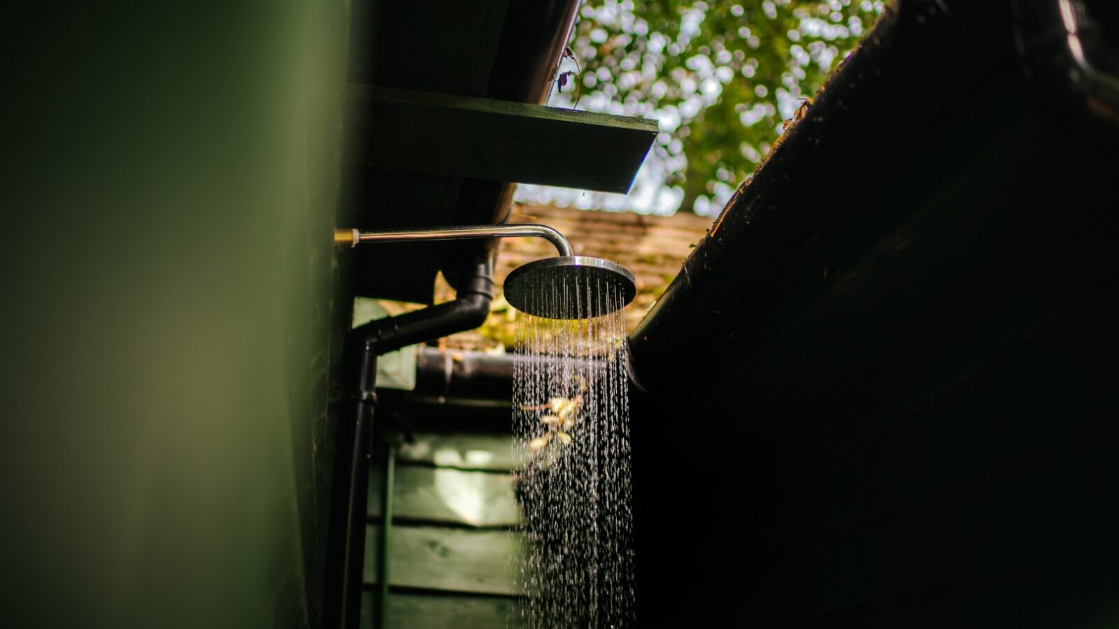 The outdoor shower at Wills Treehouse features water cascading down, enveloped by lush greenery and rustic wooden panels, all beneath a clear sky.