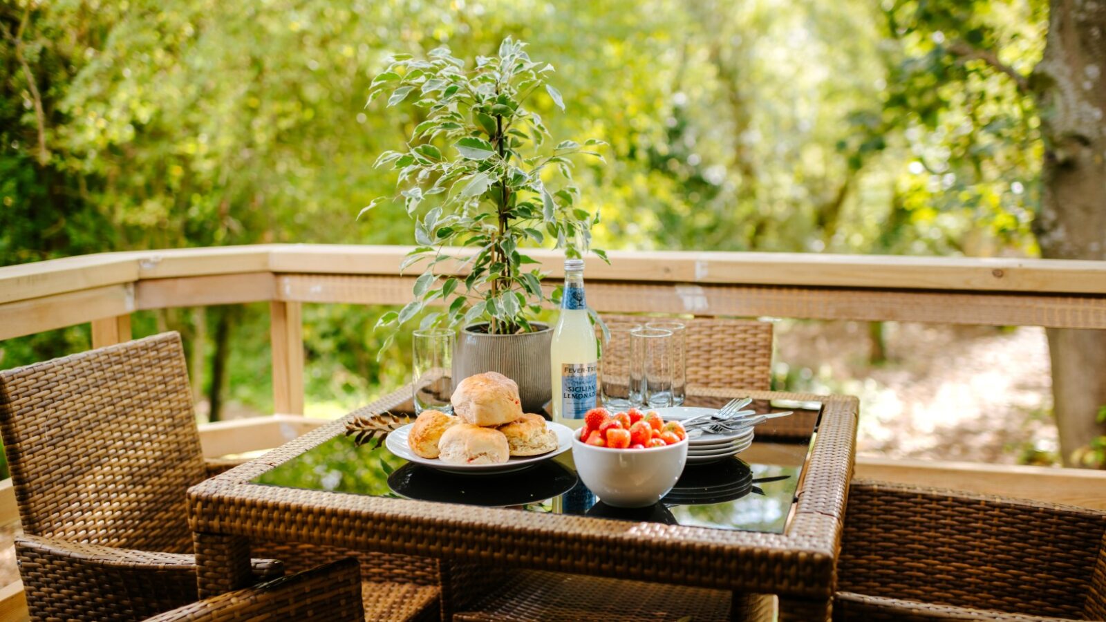 The outdoor dining setup at Chicken Shed Lodge features wicker chairs and a glass table. On the table are scones, fruit, beverages, and a charming potted plant, perfect for a leisurely meal in nature's embrace.