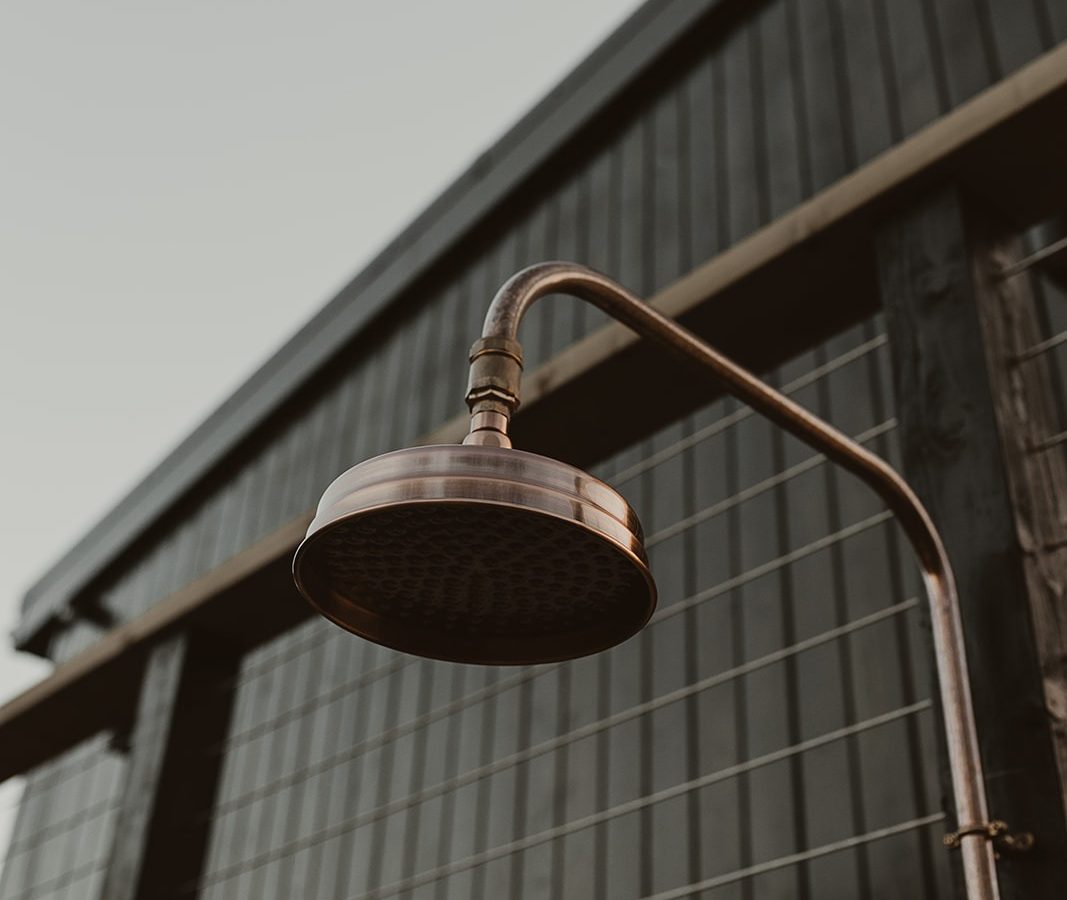 Close-up of an outdoor shower with a round showerhead, set against a modern lodge's wooden and metal facade, surrounded by lush berry bushes.