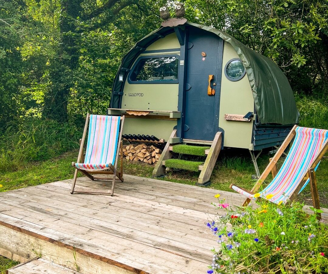 A cozy, curved wooden cabin set in the lush green forest of Coppet Hill is accompanied by two striped deck chairs on a wooden deck. A small pile of firewood is stacked neatly against the cabin. A pot of flowers decorates the foreground, adding a touch of color to the serene scene.