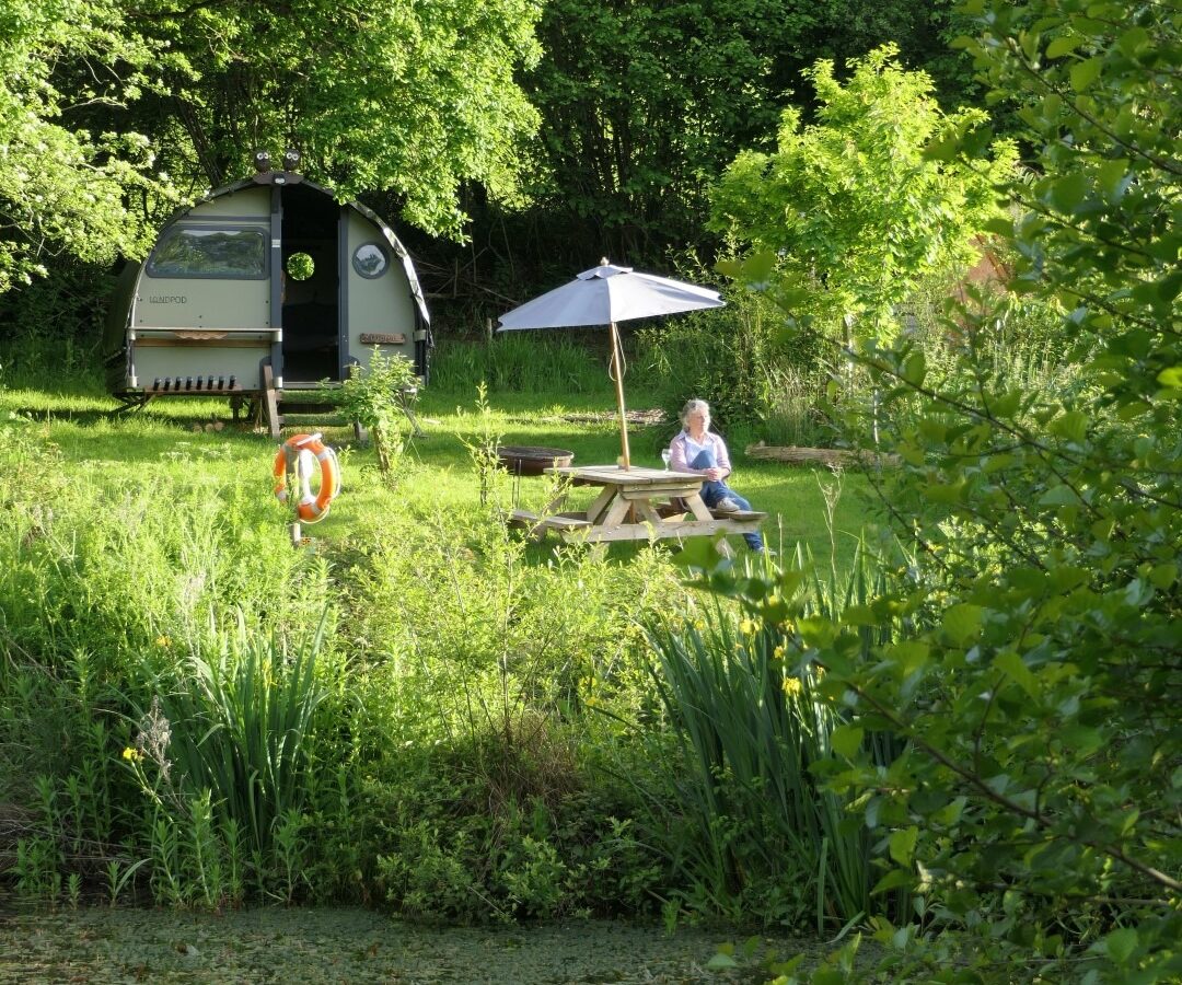 A serene campsite in lush greenery features a small cabin nestled among trees on Coppet Hill. A person sits at a picnic table under a large umbrella near a pond. The calm water reflects the vibrant greenery and cabin, surrounded by dense vegetation and tranquility.