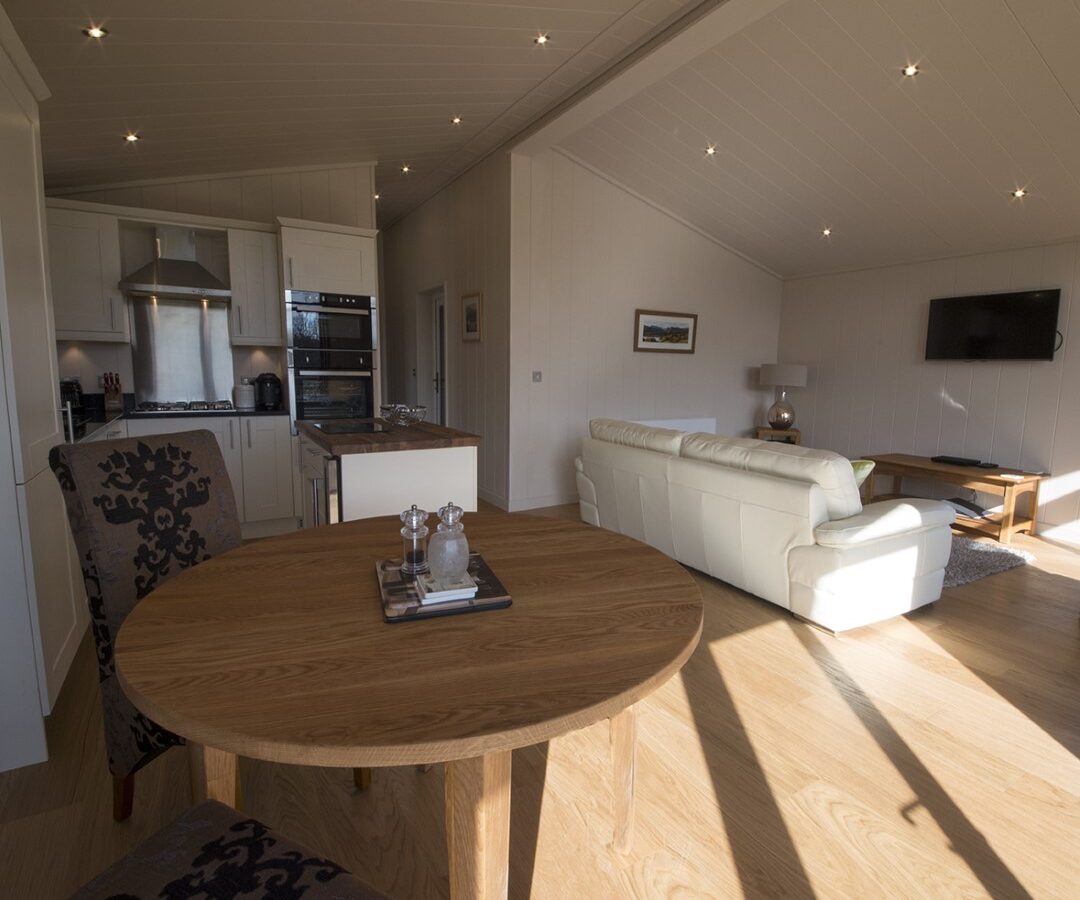 A modern open-plan living space reminiscent of serene lodges, featuring a kitchen and dining area. The kitchen boasts stainless steel appliances, while the dining area includes a wooden table and chairs. A white sofa faces a wall-mounted TV in the living area, bathed in natural light like that by peaceful lakes.