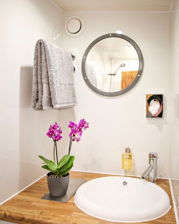 A tidy bathroom features a wooden countertop with a white sink and silver faucet, reminiscent of the refined elegance found on Argyll Cruising experiences. A potted orchid with purple flowers sits beside the sink. A round mirror and two gray towels hang on the walls, accompanied by a soap dispenser.