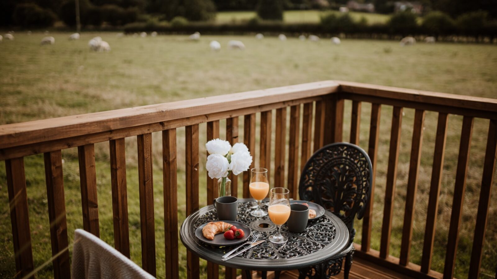 A small outdoor table on a balcony with two orange juice glasses, a coffee cup, a croissant, and flowers overlooks the field like a cozy nook by a shepherd's hut.