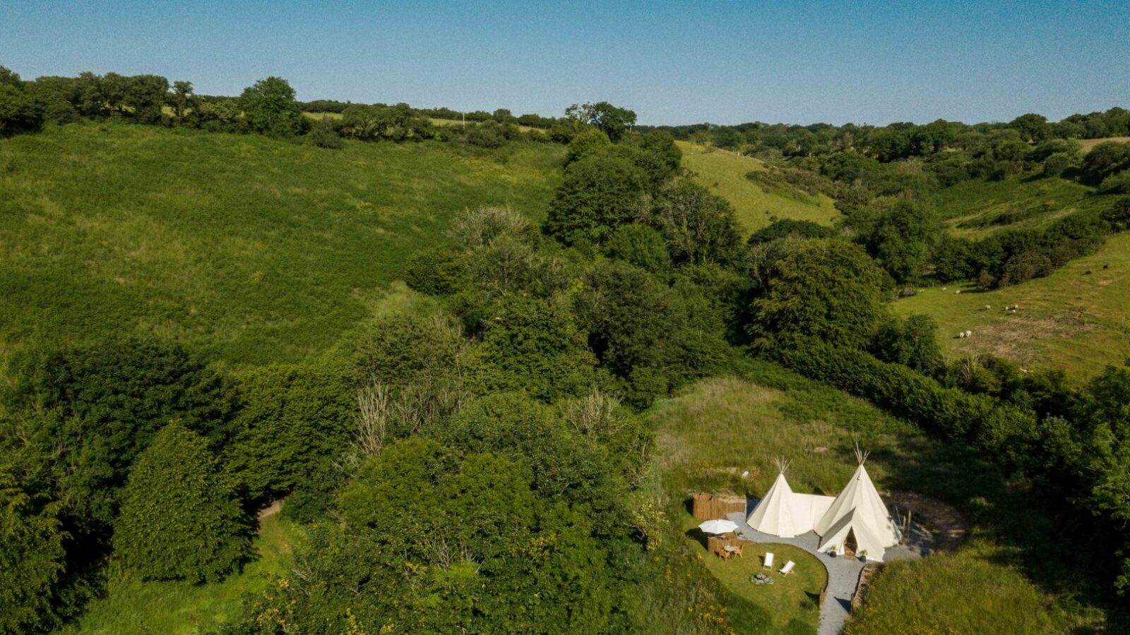 Aerial view of a grassy landscape with tall, lush trees surrounding two conical tents set up on a small clearing at the HARTA retreat. A winding path leads to the tents, and several chairs are arranged outside. The sky is clear and blue.