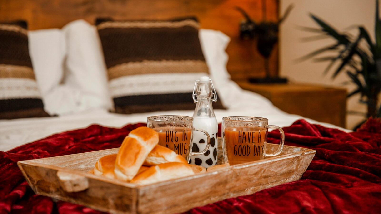 A wooden tray on a red blanket holds two mugs (one with 