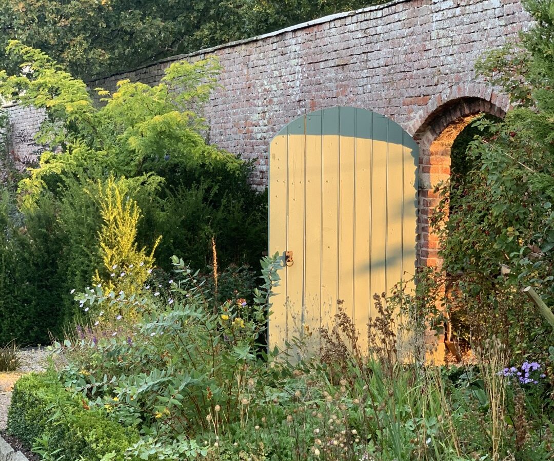 The garden serves as a tranquil retreat, with various plants lining a gravel path leading to a yellow wooden gate set in a brick wall, all bathed in dappled sunlight.