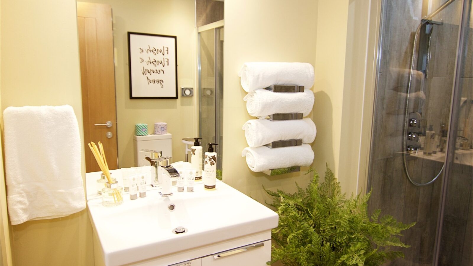 A modern bathroom featuring a sleek sink, toiletries, wall mirror, towel rack, and a glass shower enclosure awaits in Jess’ Tree Bach. A potted fern by the sink complements the unique stay’s serene nature retreat ambiance.