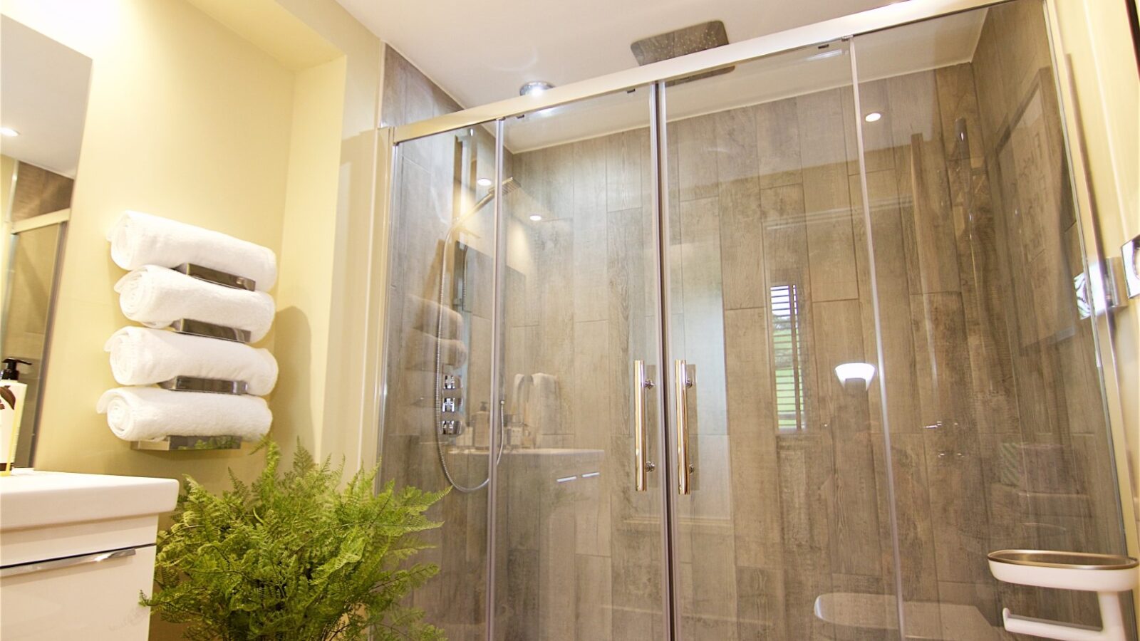 Discover this modern bathroom retreat within Jess’ Tree Bach, featuring a sleek glass shower enclosure, stacked white towels, a contemporary sink, and a touch of nature with a potted fern near the shower door.