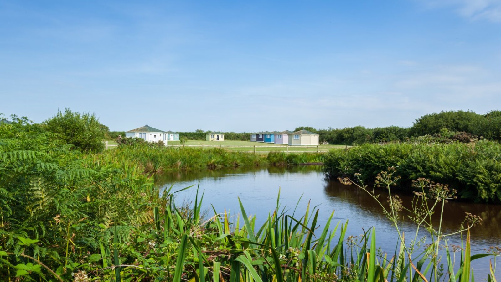 A small pond with lush greenery reflects the clear blue sky and distant coastal cabins, creating a serene escape.