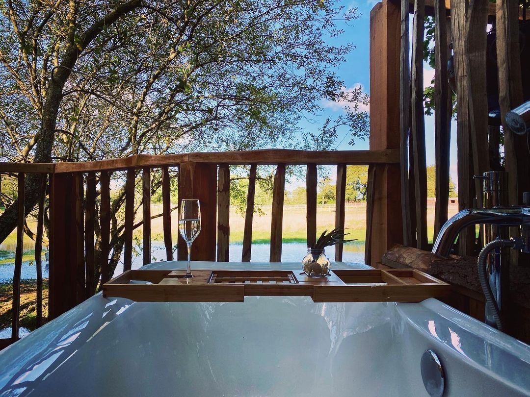 Beneath the Branches, an outdoor bathtub features a wooden tray holding a wine glass and a candle, nestled among towering trees and overlooking a scenic view.