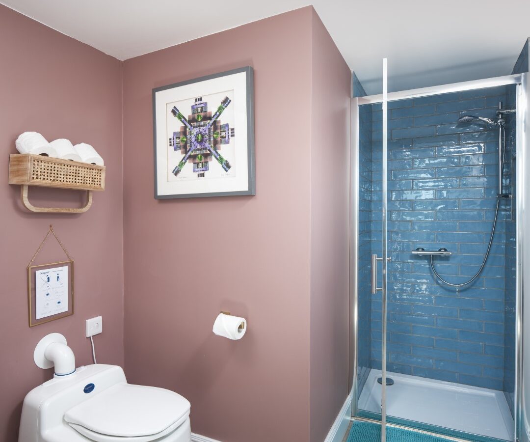 The bathroom features a composting toilet and pink walls, complemented by a shower adorned with blue tiles. A framed picture hangs gracefully, while a wicker shelf holds the towels. This cozy retreat, reminiscent of the Mid Auchengowan Dome aesthetic, offers both comfort and charm.