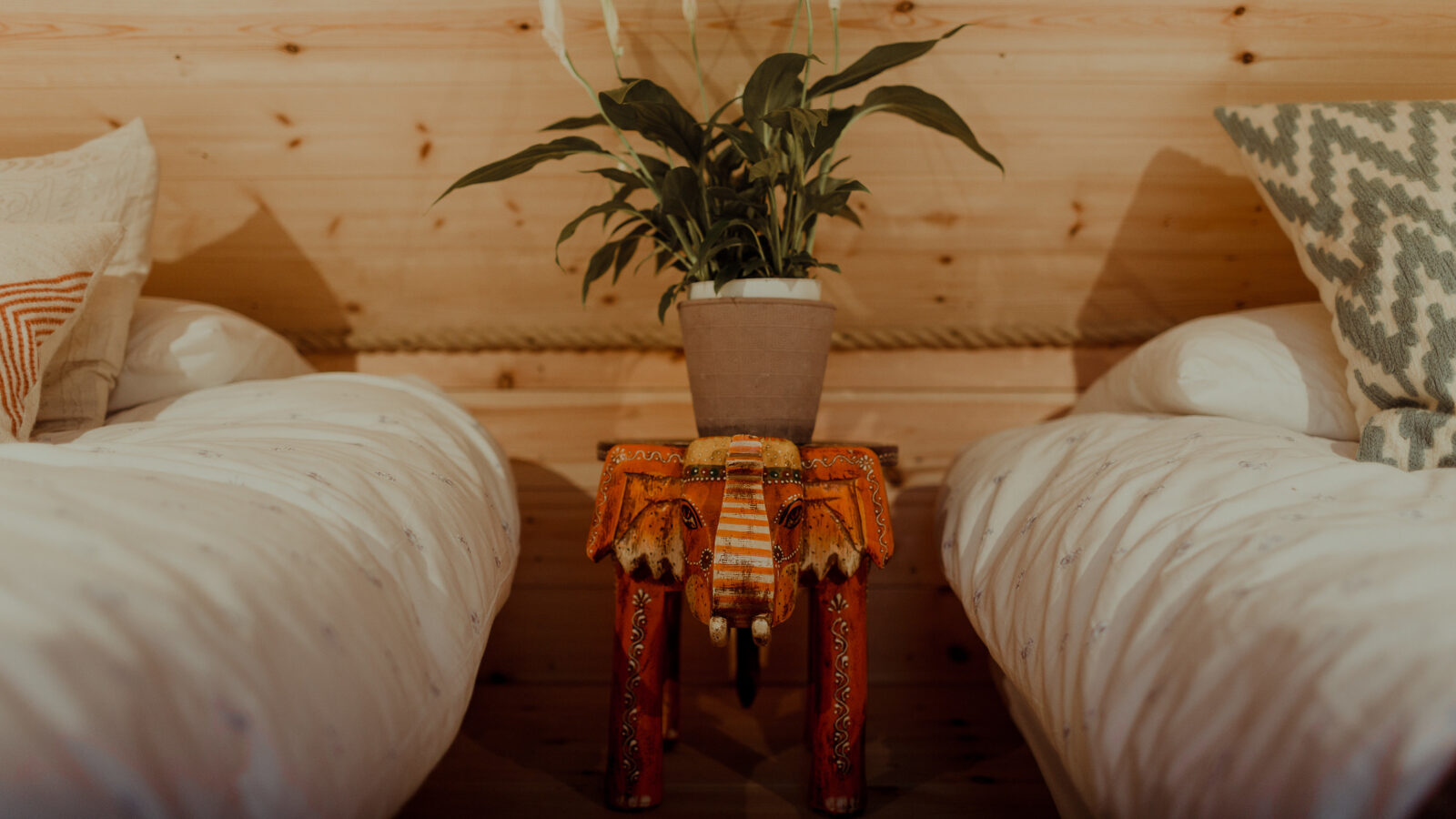 A potted plant sits on a small wooden table decorated with an orange cloth between two white-covered beds in the cozy, wood-panelled Netherby Treehouse. A patterned pillow is partially visible on the bed to the right.