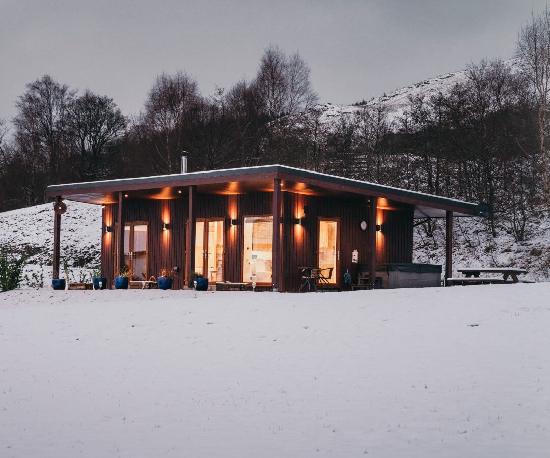 A small cabin with glowing windows and exterior lights stands on a snow-covered landscape, as if taken from Frances's sketch pad; it is surrounded by bare trees under a cloudy sky.