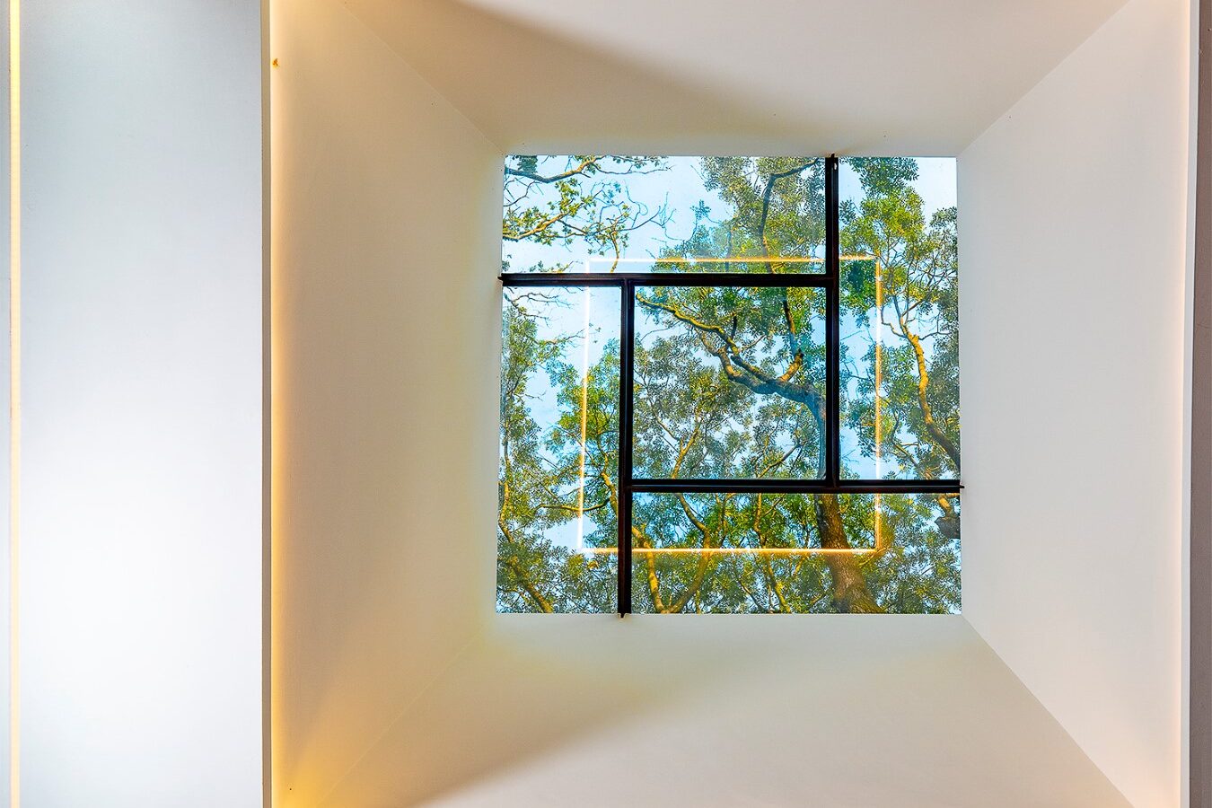 A square skylight with asymmetrical windowpanes in the treehouse reveals a view of trees with green leaves and a blue sky above. The white, recessed ceiling surrounding the skylight is illuminated by soft, warm lighting.