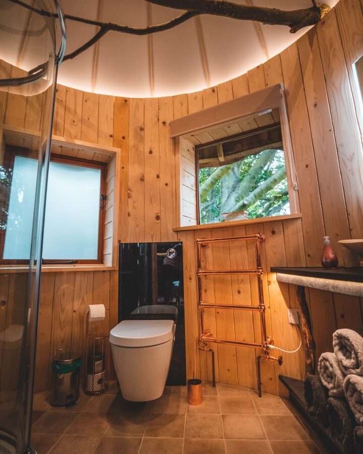 Rufus's Roost boasts a cozy bathroom with wooden walls and ceiling, featuring two small windows, a white toilet, and a glass-enclosed shower. The rustic charm is highlighted by a wooden ladder for towels and a branch hung decoratively from the ceiling, evoking the feel of an enchanting treehouse.