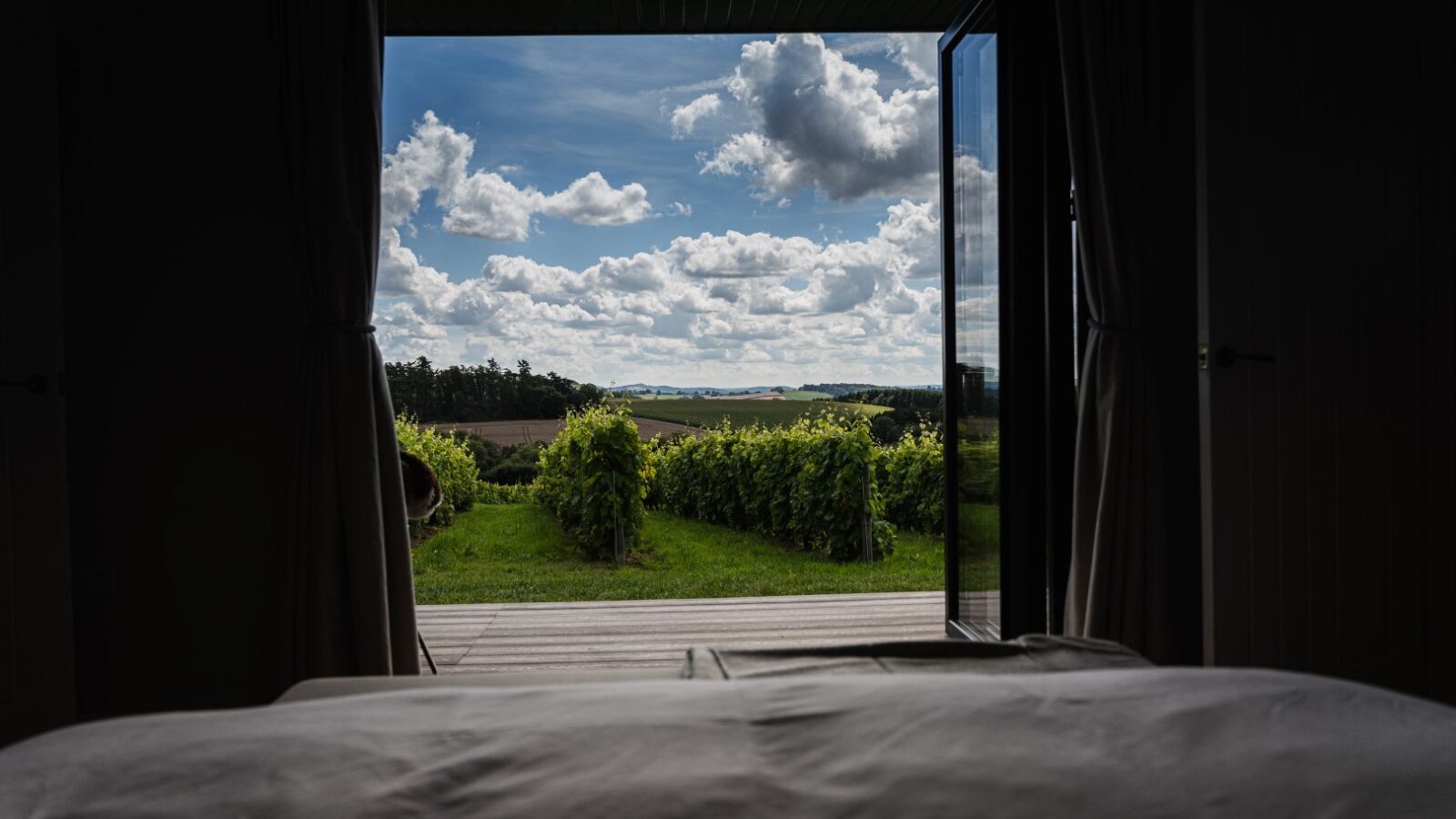 Open door view from a dark room to a bright outdoor landscape with green fields, cloudy sky, and distant hills, reminiscent of the scenery surrounding luxury lodges.