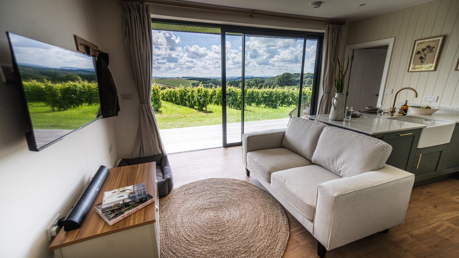 Experience the luxury lodges lifestyle in this modern living room featuring a plush sofa, wall-mounted TV, and a round rug. Sliding doors open to breathtaking views of stars and vines overlooking vineyards and rolling hills.