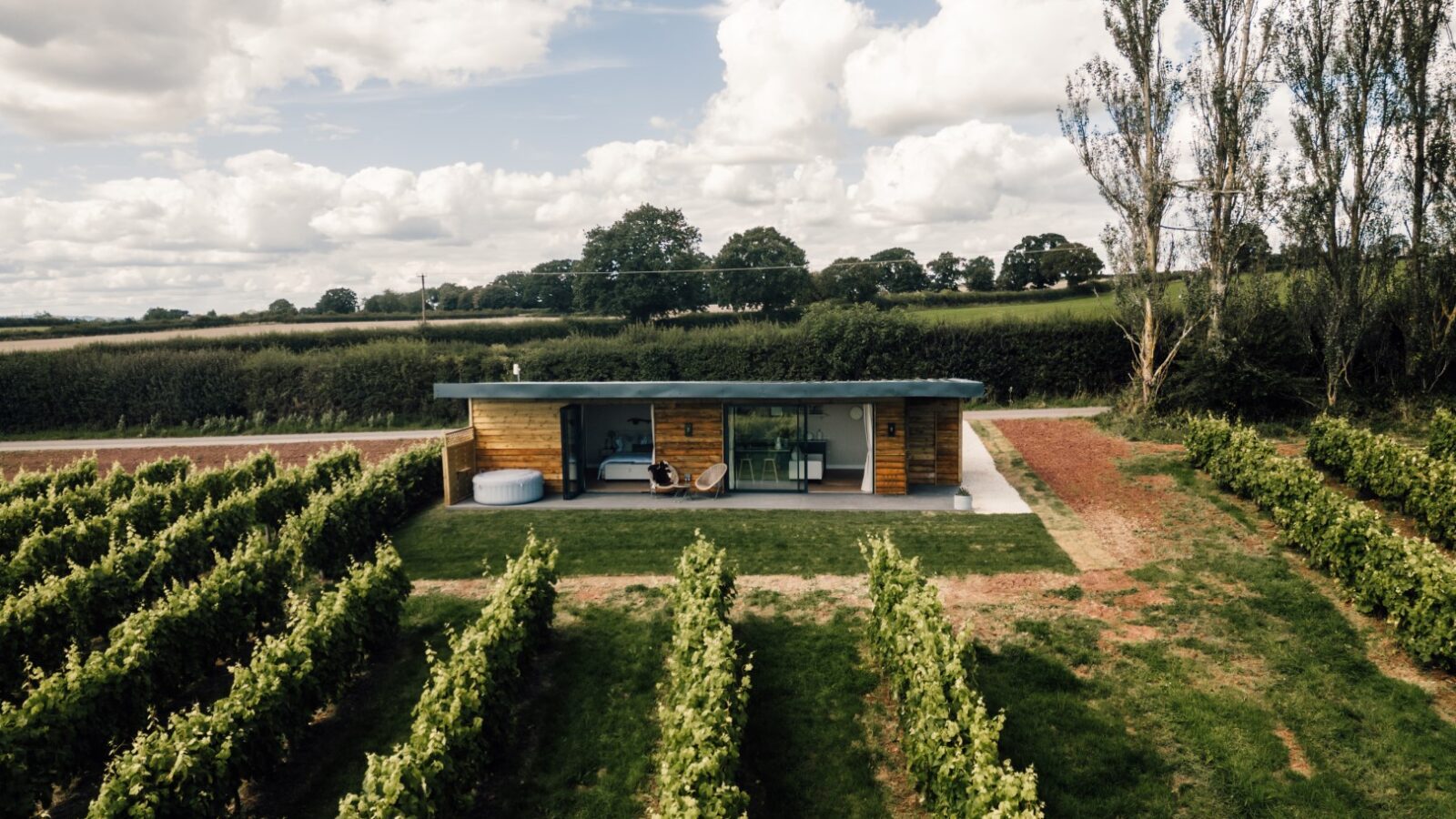 This modern small house with a flat roof sits amid expansive vineyards under a partly cloudy sky, offering a hint of Stars and Vines charm.