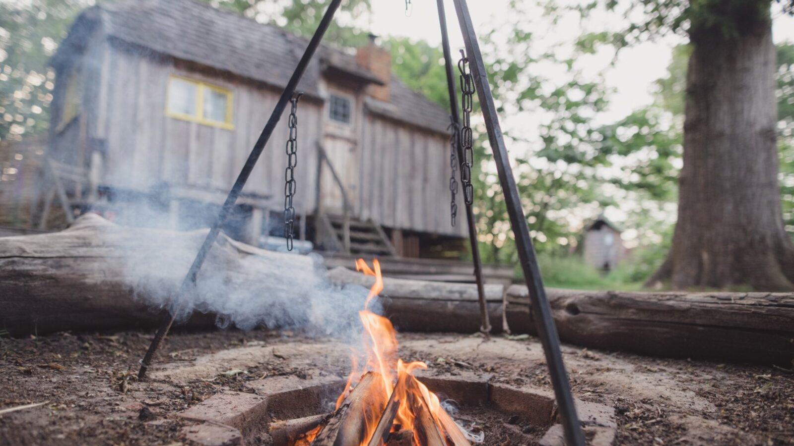 A campfire burns with smoke rising under a tripod, while a rustic wooden cabin rests like a secluded cottage in the background amidst towering trees, reminiscent of where seasoned woodcutters might unwind.