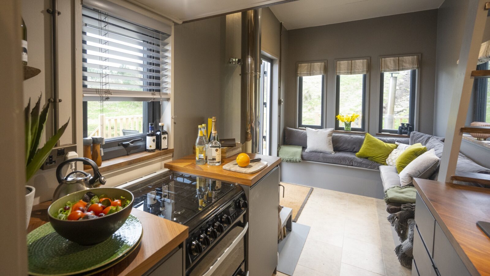 A compact, modern kitchen area in a tiny home features a stove and countertop. A bowl of colorful vegetables sits on the counter. Adjacent is a cozy living space with a sofa adorned with green and gray pillows, large windows, and a potted plant with yellow flowers enhancing the home borders.