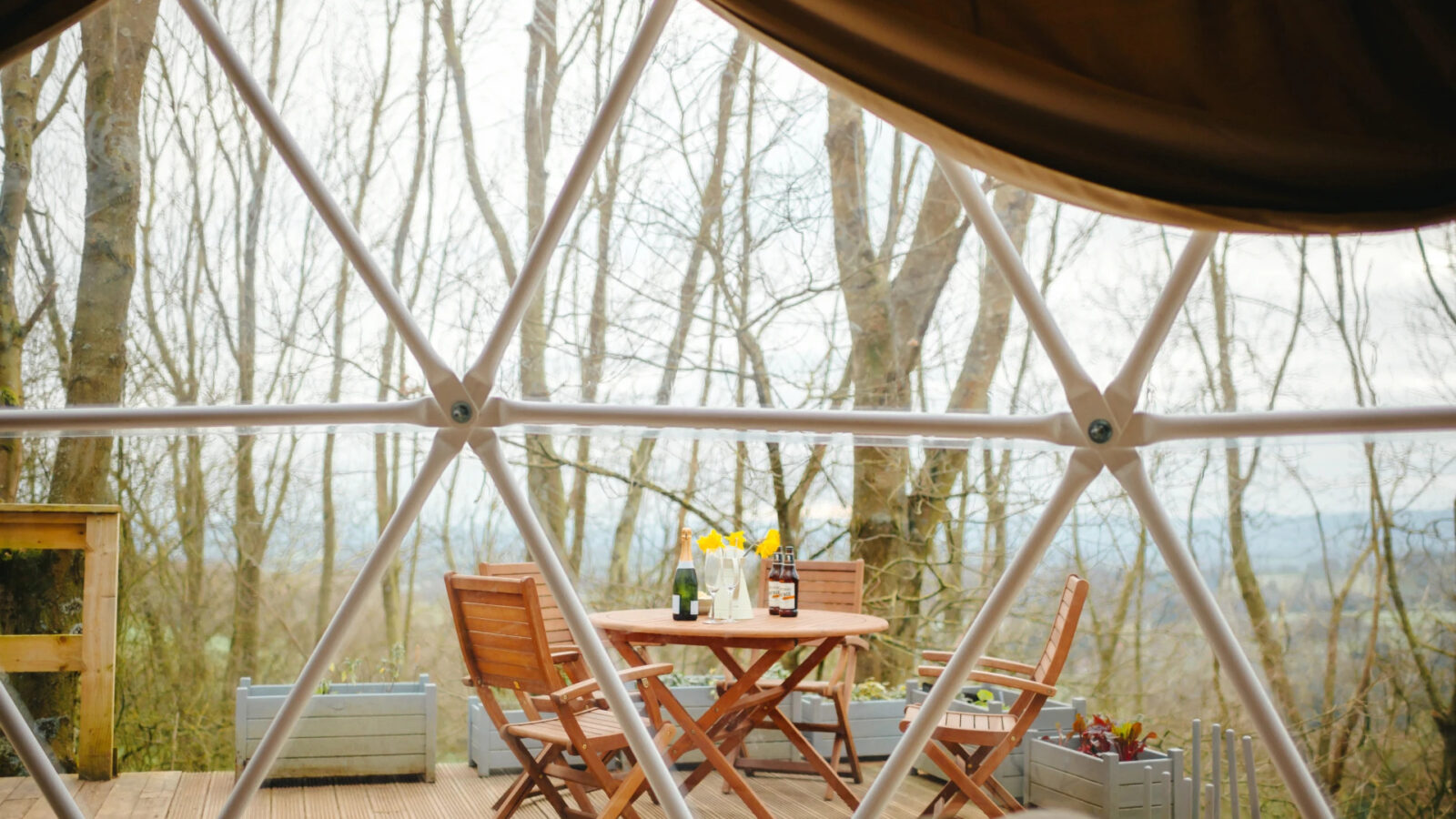 Experience the charm of Woodland Escapes Domes with a breathtaking dome tent view. Relax on the wooden deck furnished with a table, chairs, and lush plants, while taking in the serene landscape and tranquil trees.