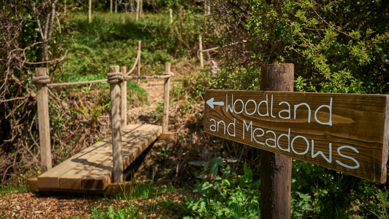 A wooden sign with an arrow points to a narrow footbridge labeled 