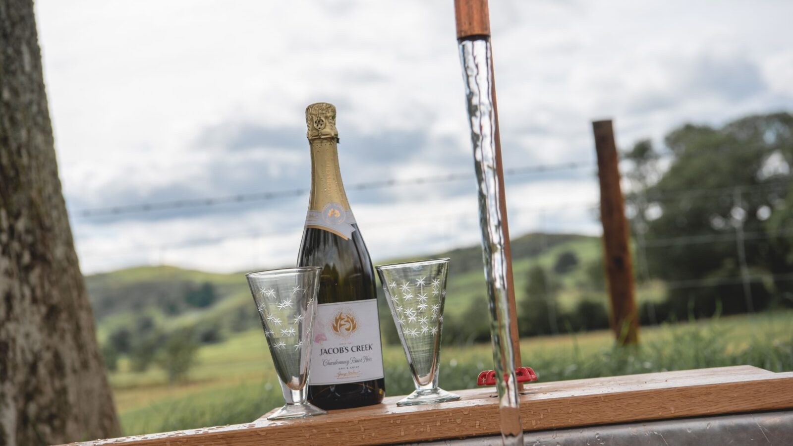 A bottle of sparkling wine with two glasses rests on a wooden surface outdoors, overlooking the serene countryside landscape of The Vale.