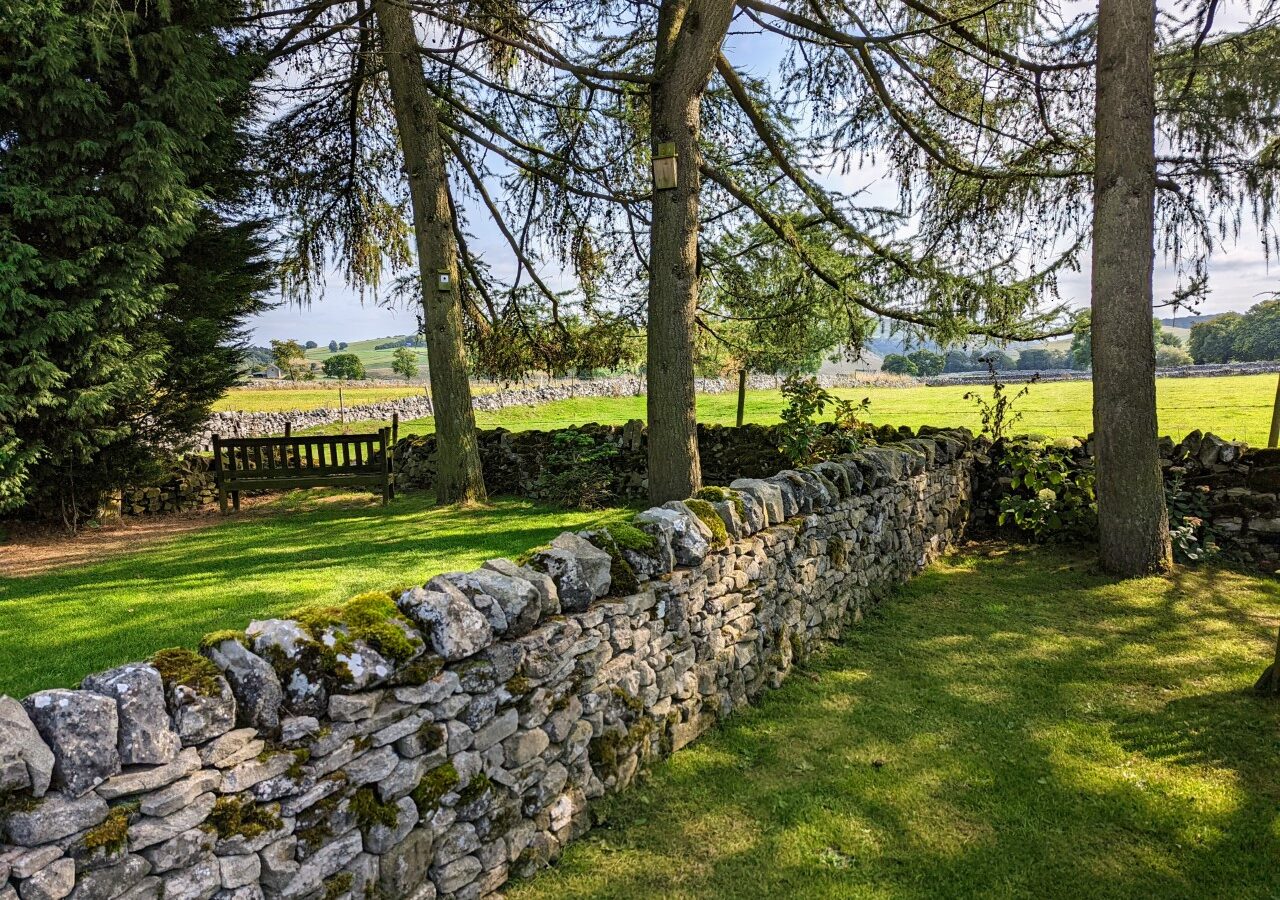 A scenic view of a stone wall surrounded by lush green grass and tall trees in Smithyfields. In the background, a wooden bench sits near the trees, reminiscent of Shepherds Huts, with fields extending beyond under a clear blue sky.