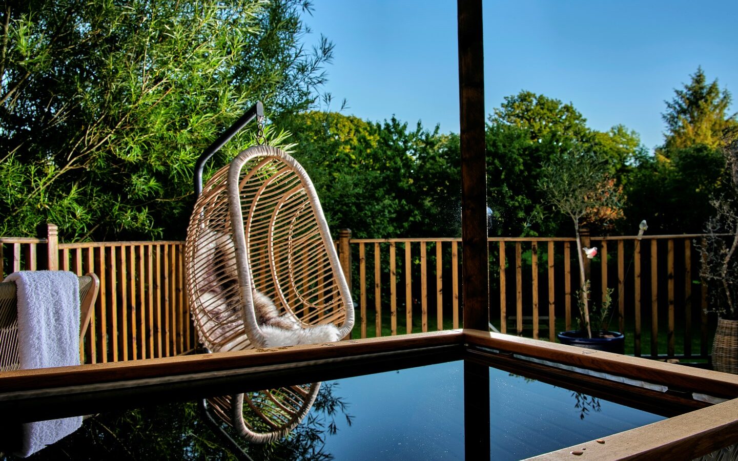 A cozy outdoor space with a suspended wicker egg chair under a covered patio at the Sleepy Owl. There's a soft cushion inside the chair. A wooden fence and lush greenery surround the area, with the clear blue sky visible above, enhancing this tranquil Devon retreat.