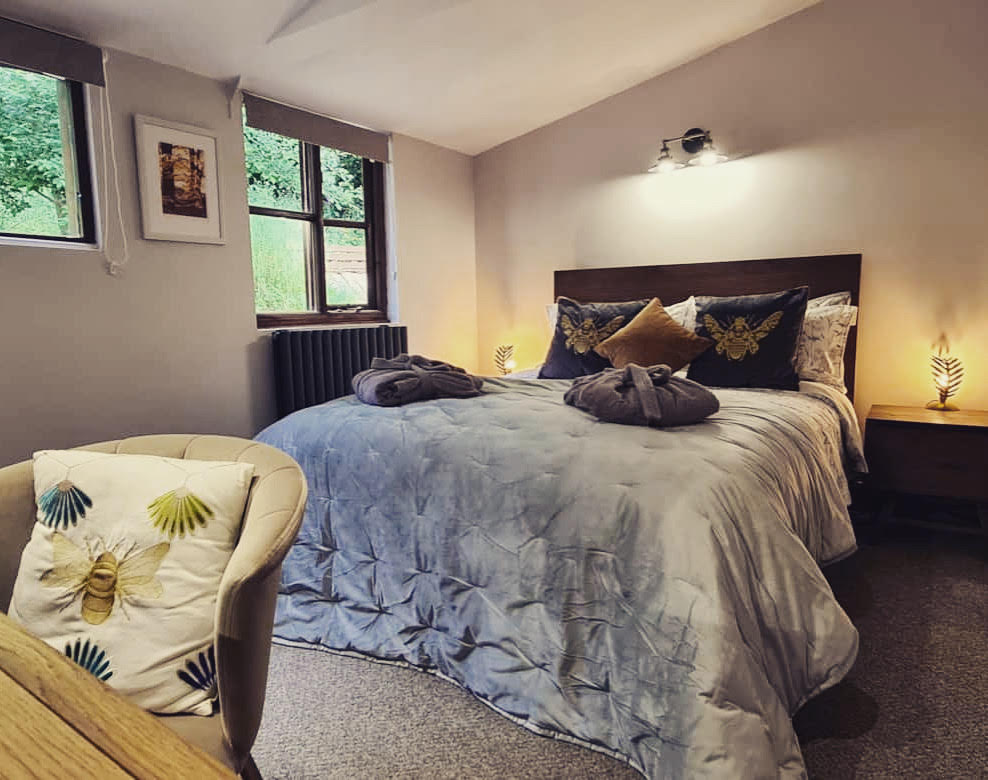 Cozy woodland escape with a double bed, butterfly-themed pillows, and a chair. Two windows and wall art bring natural light and charm to this serene lodge-inspired bedroom.