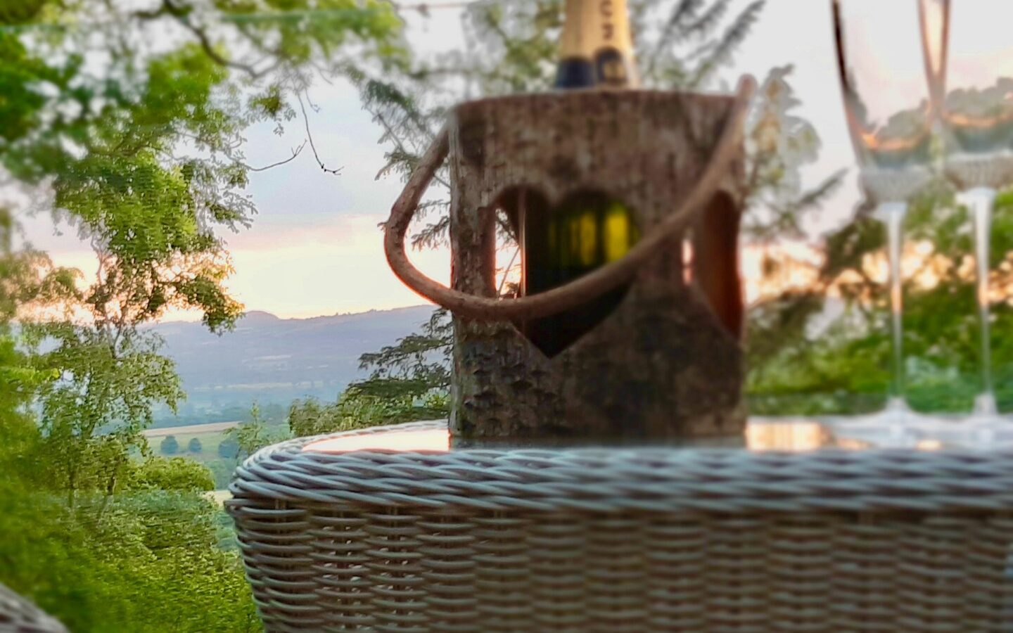 A bottle in a wooden holder and two glasses sit on a wicker table, perfectly poised for a relaxing evening of star gazing from the comfort of your treehouse, with a scenic view of trees and hills in the background.