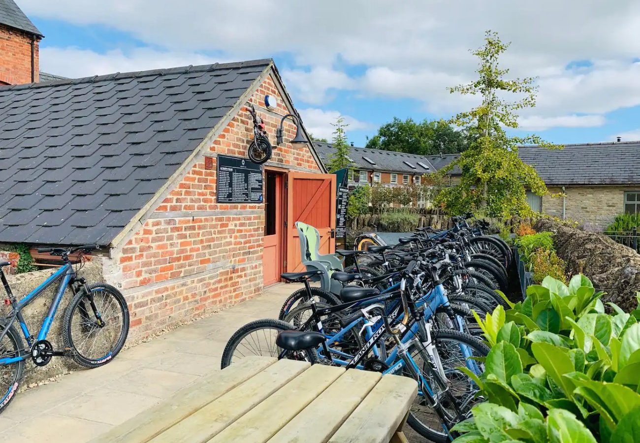 A row of bicycles is parked beside a brick building on Lamplight Island, set against trees and a blue sky.