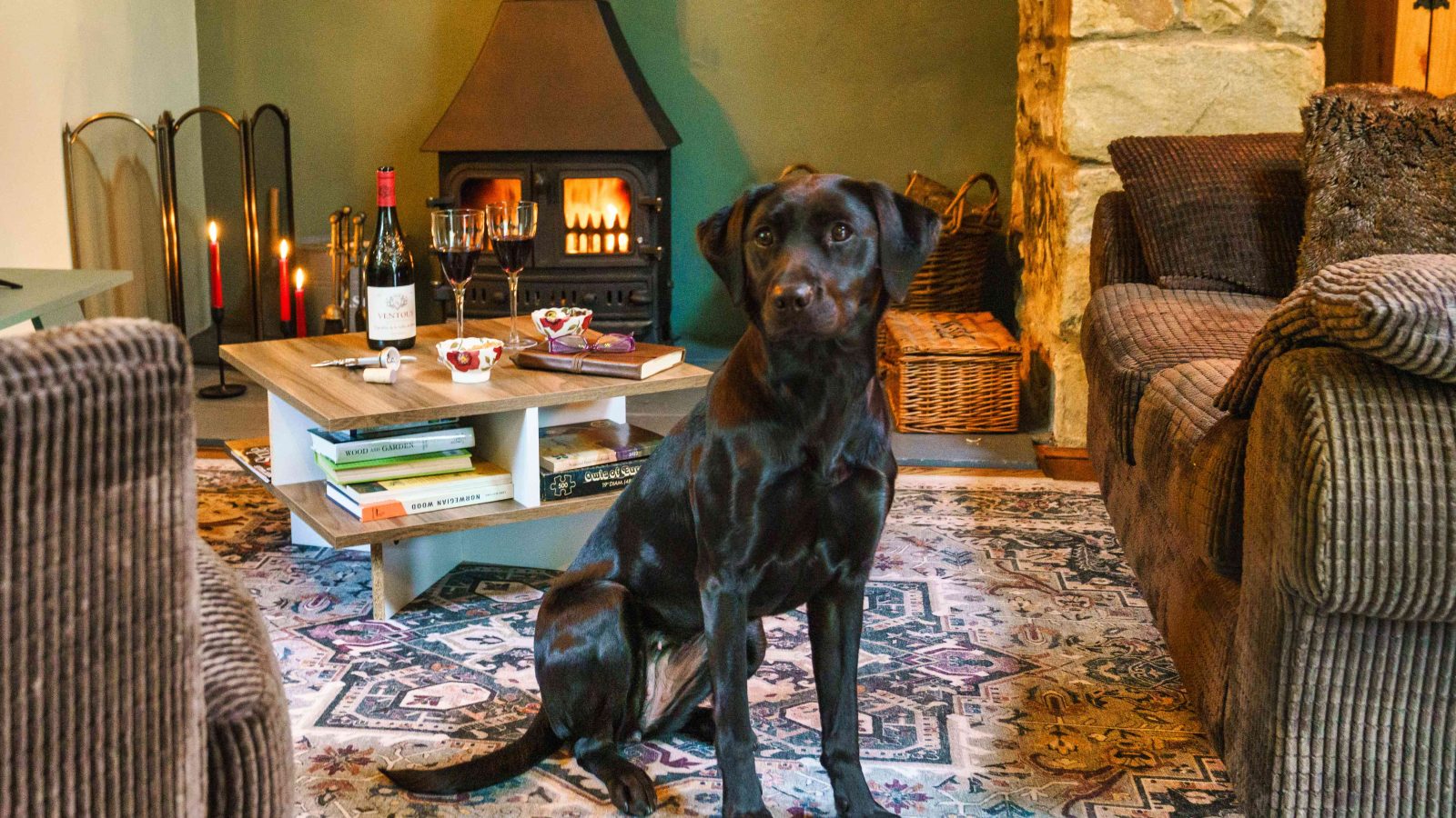 A black dog sits on a patterned rug in a cozy living room with a lit fireplace, reminiscent of Glanmedeni's charm. Nearby, a small table holds books, a wine bottle, and glasses, embraced by brown couches and rustic stone walls that echo the warmth of an artisan's forge.